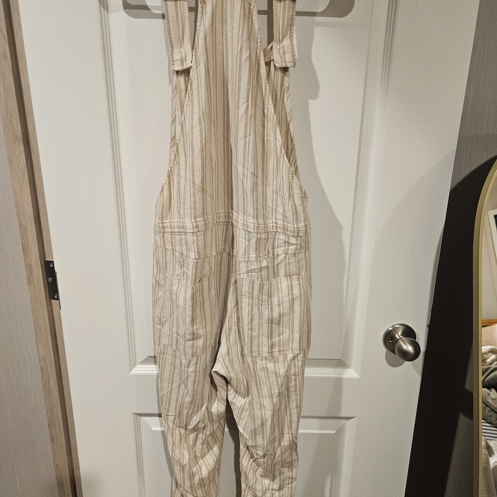 Cloth & Stone Anthropologie Cream Tan Stripe Linen Blend Comfy Overalls SZ XS - Picture 2 of 6